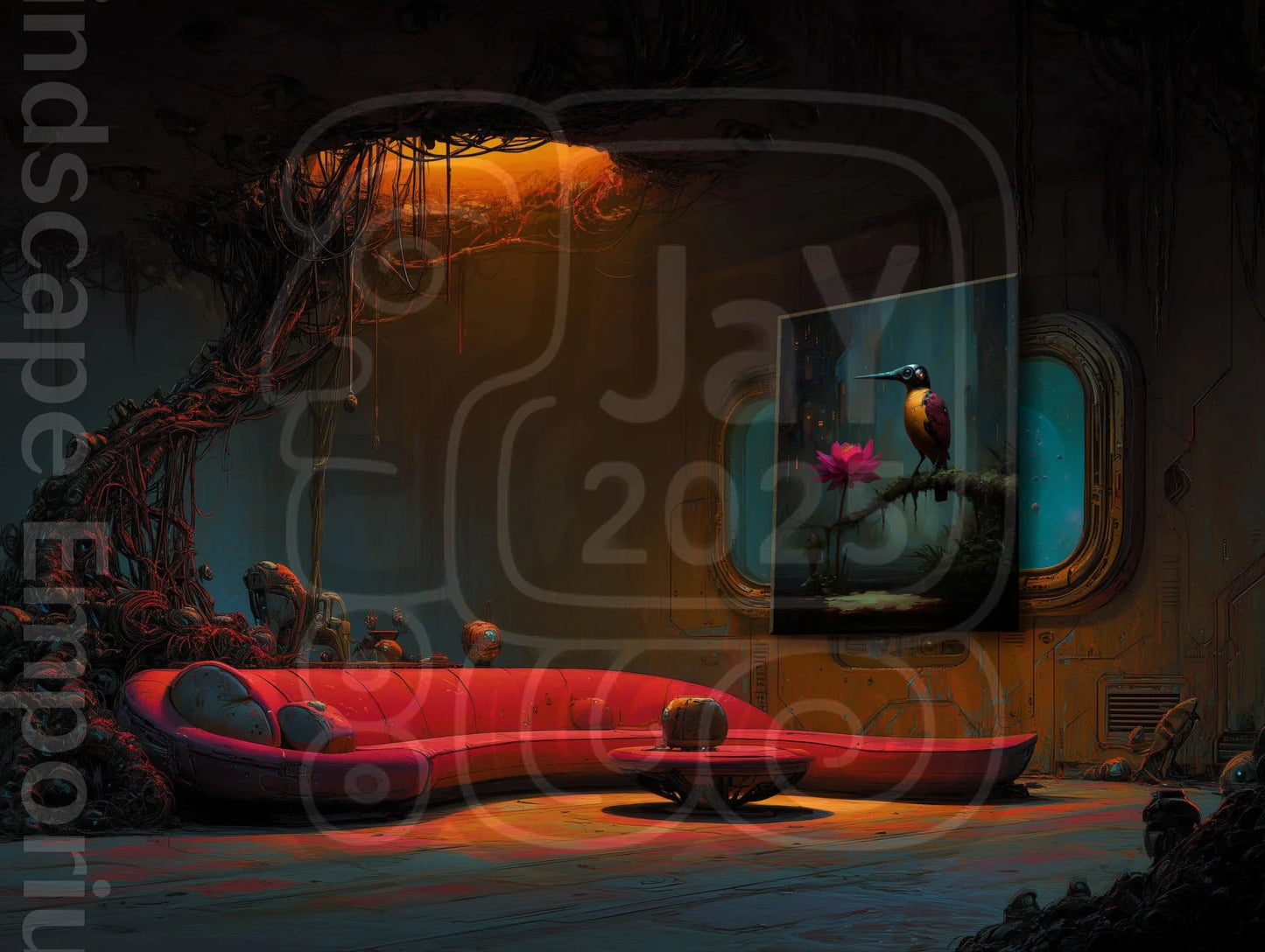 Lotus Sentinel 70cm x 100cm, 27.6inches x 39.4inches / Print only Giclée.Futuristic nature cybernetic bird wall art sci fi lotus giclee artwork