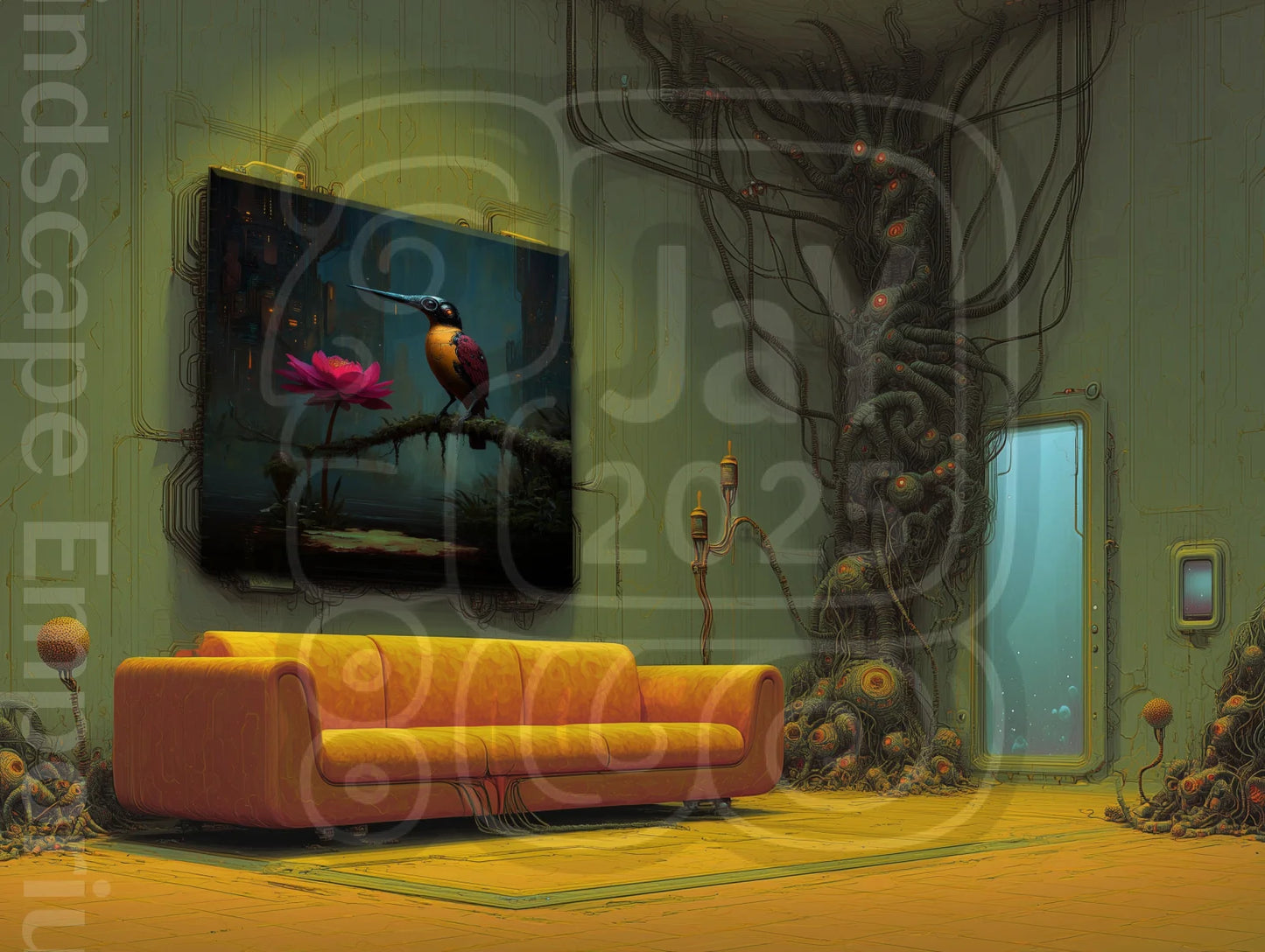 Lotus Sentinel 70cm x 100cm, 27.6inches x 39.4inches / Print only Giclée,Futuristic bird decor lotus flower surreal sci fi giclee fine art print