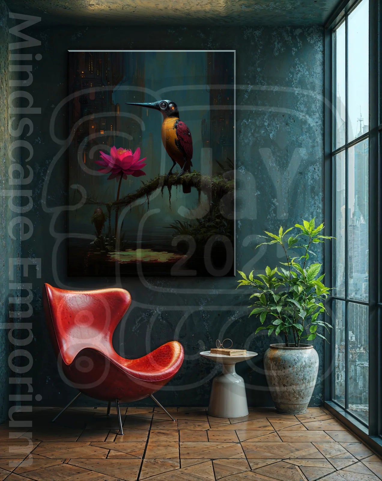 Lotus Sentinel 70cm x 100cm, 27.6inches x 39.4inches / Print only Giclée.Futuristic nature cybernetic bird wall art sci fi lotus giclee artwork