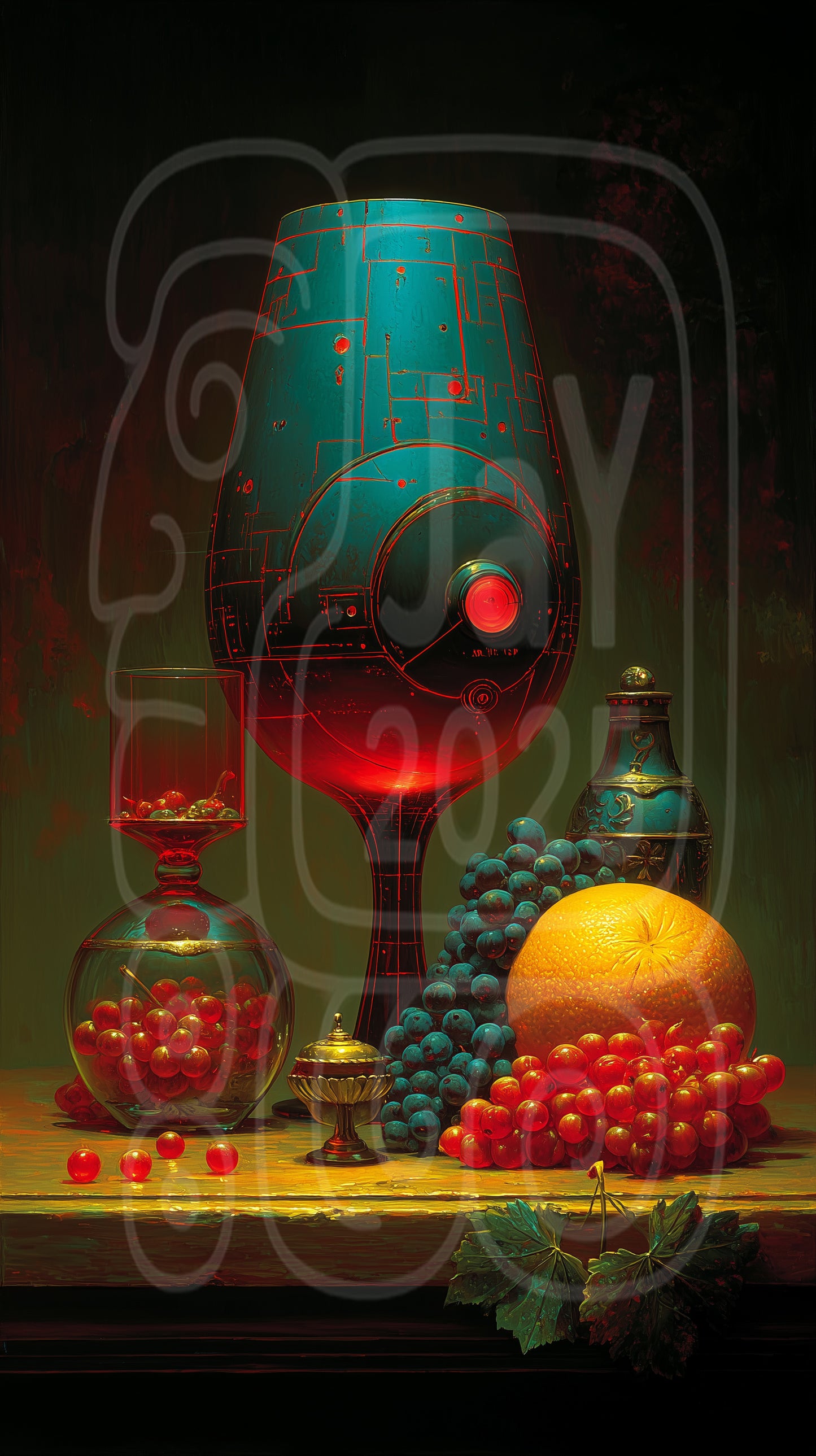 Cyber Baroque Still Life – Futuristic Fruit & Glass Art Print