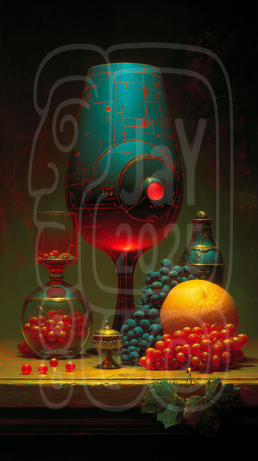 Cyber Baroque Still Life – Futuristic Fruit & Glass Art Print