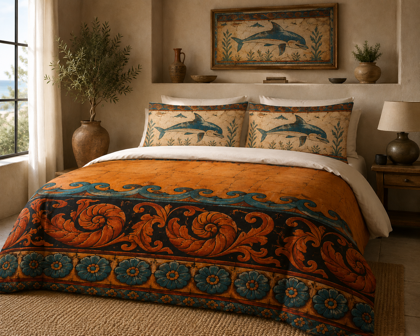 Minoan Sea Frieze Cotton Duvet Cover | Minoan Fresco Duvet Cover