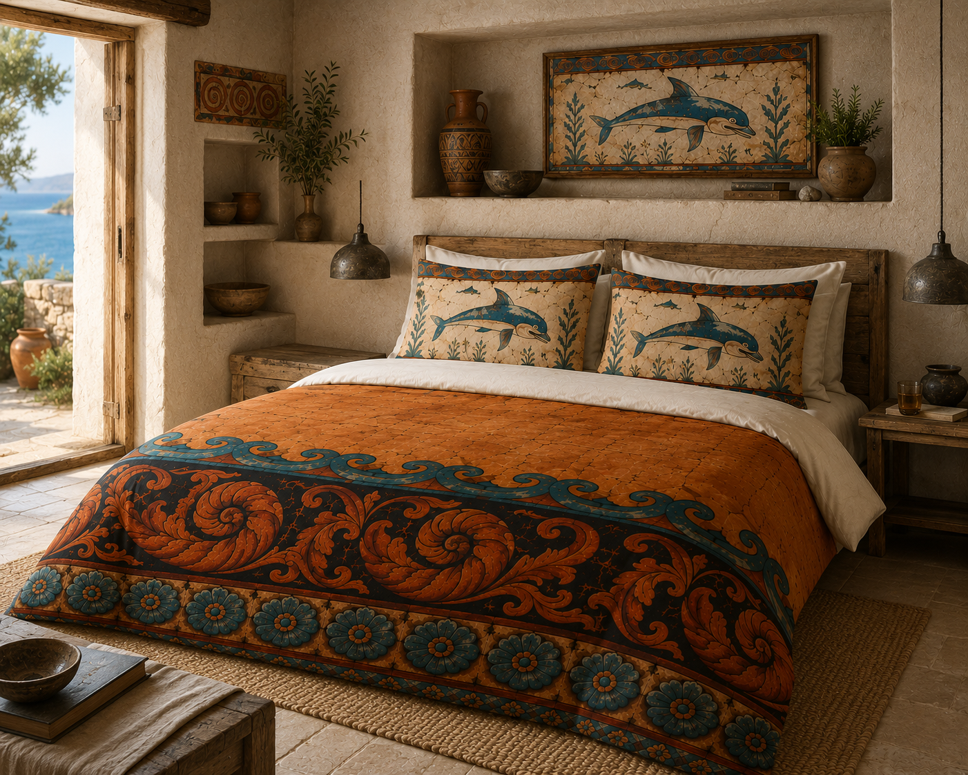 Minoan Sea Frieze Cotton Duvet Cover | Minoan Fresco Duvet Cover
