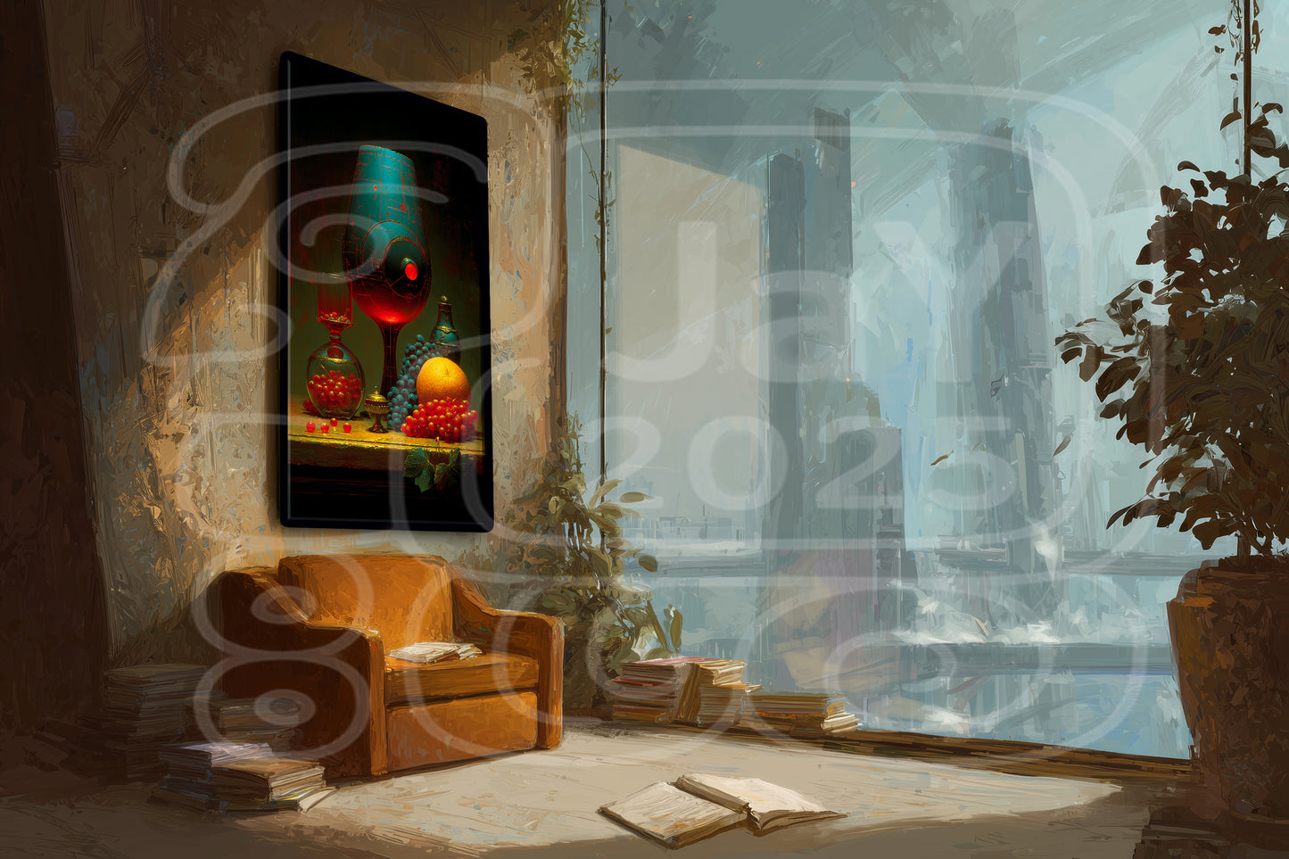 Cyber Baroque Still Life – Futuristic Fruit & Glass Art Print