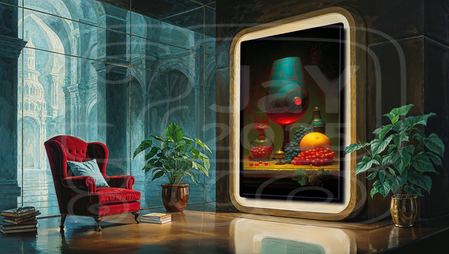 Cyber Baroque Still Life – Futuristic Fruit & Glass Art Print