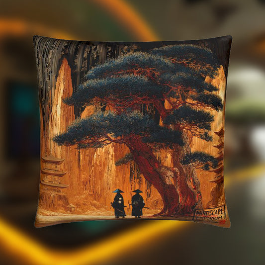 Guardians of the Circuit Grove – Samurai Temple Cushion Cover