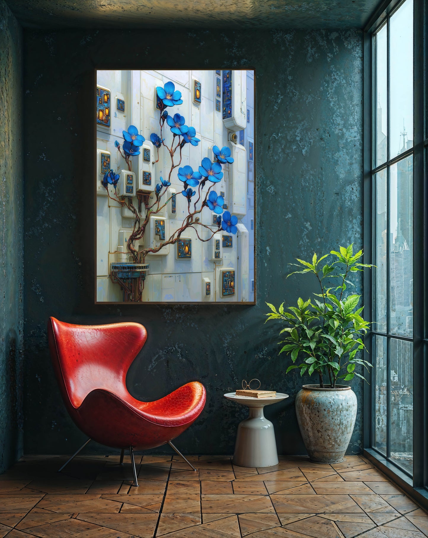 Aegeon Blue Circuit Bloom | Futuristic Botanical Wall Art Print