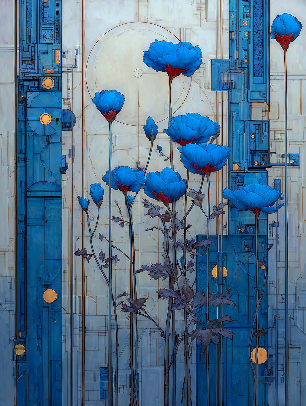 Aegean Bloom Circuit | Blue Floral Wall Art Print