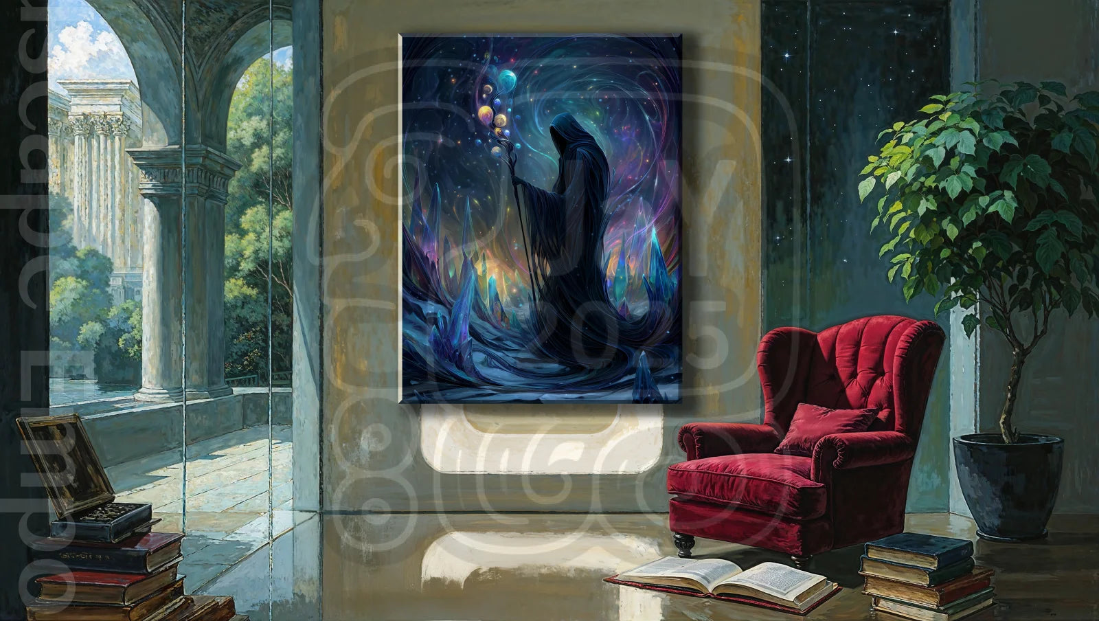 Celestial Channeler 70cm x 100cm, 27.6inches x 39.4inches / Print only Giclée.Mystical wizard dreamscape print – modern surreal wall art print