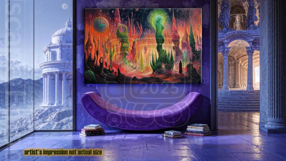 InterFace 70cm x 100cm, 27.6inches x 39.4inches / Print only Giclée.Sci fi environment artwork glowing towers and alien sky giclee wall decor