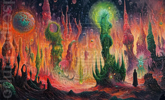 Fantasy cosmic landscape giclee wall art surreal alien world art print.Sci fi environment artwork glowing towers and alien sky giclee wall decor
