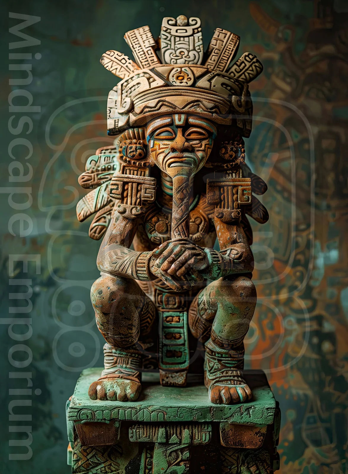 spiritual wall hanging,mystical artwork,tribal warrior wall art print futuristic sci fi poster.mayan sculpture