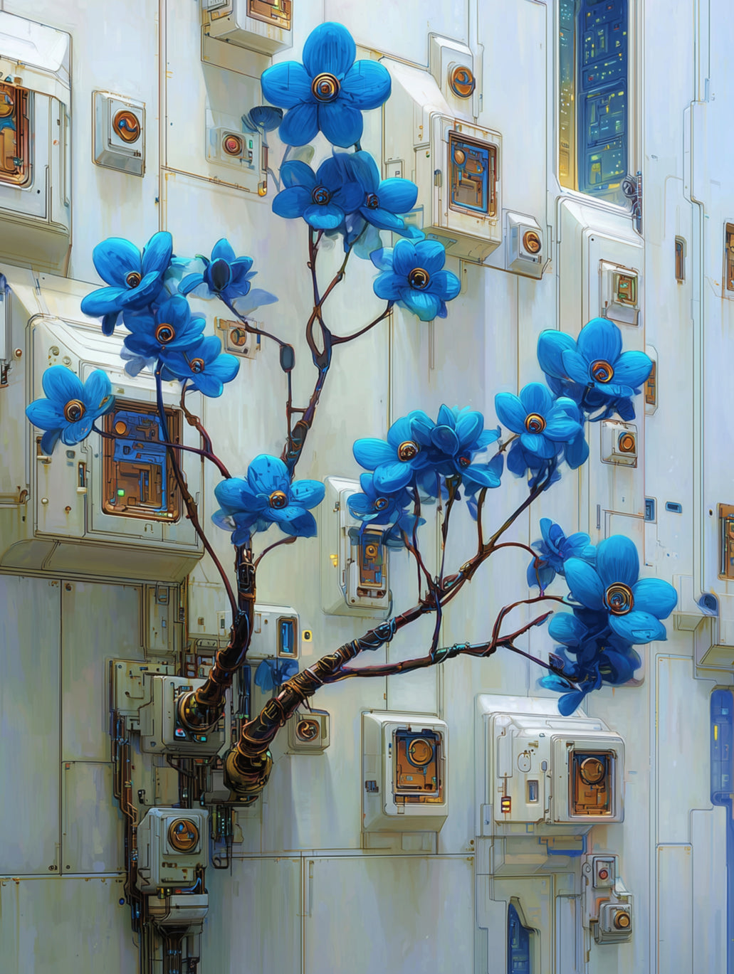 Aegeon Blue Circuit Bloom | Futuristic Botanical Wall Art Print