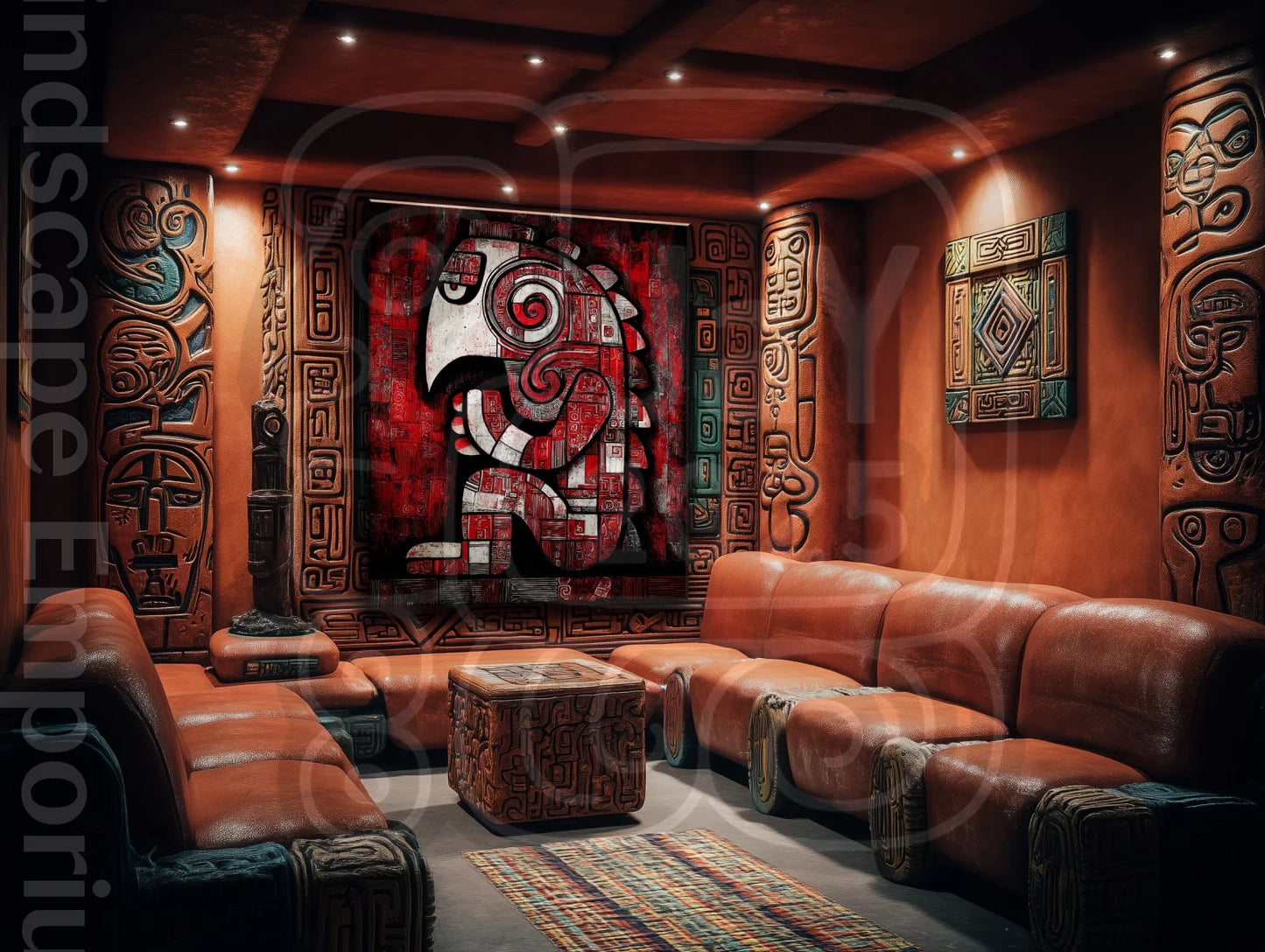 Glyph Guardian 70cm x 100cm, 27.6inches x 39.4inches / Print only Giclée.Ancient tribal inspired wall art print red and black design
