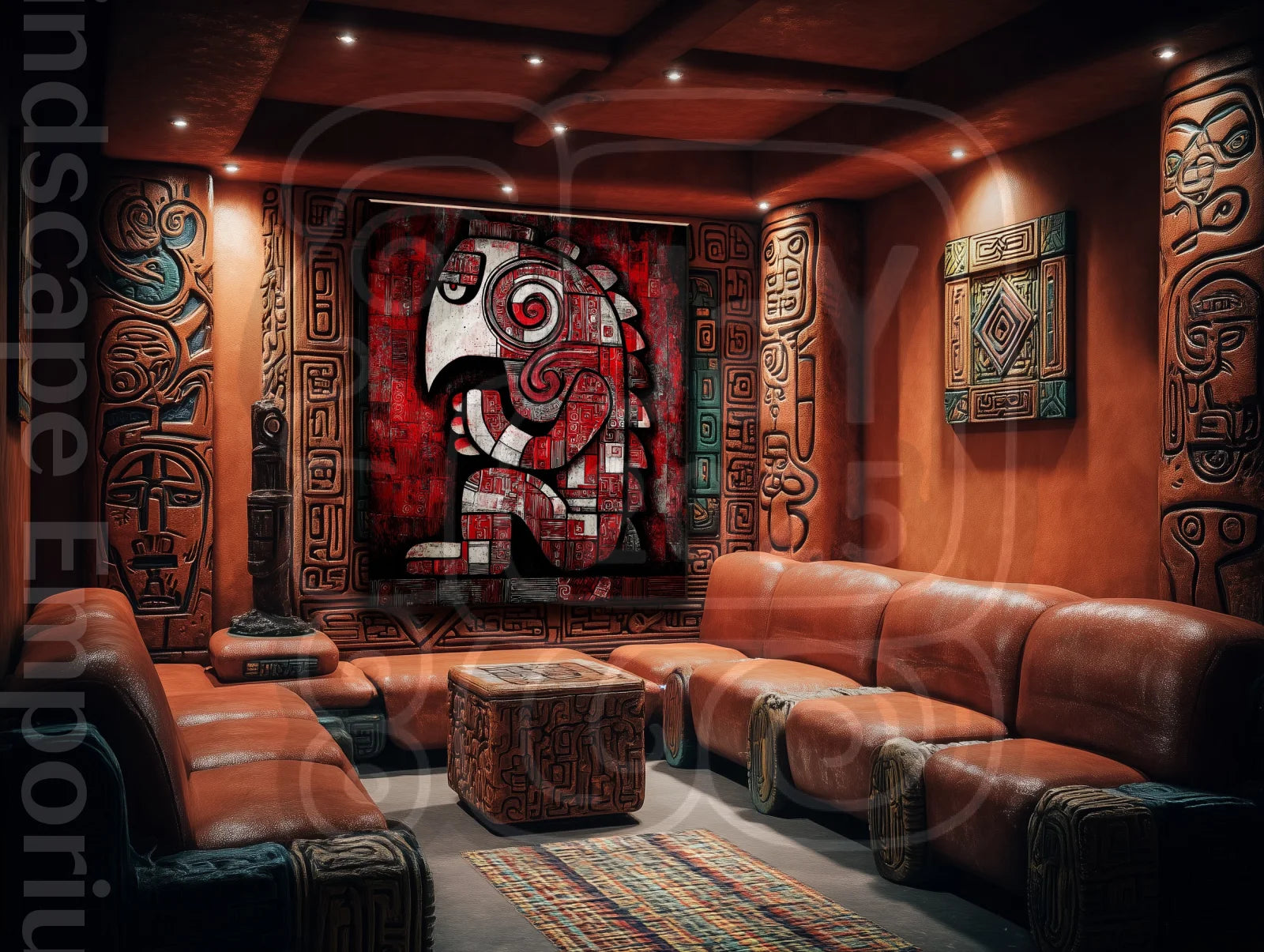 Glyph Guardian 70cm x 100cm, 27.6inches x 39.4inches / Print only Giclée.Ancient tribal inspired wall art print red and black design
