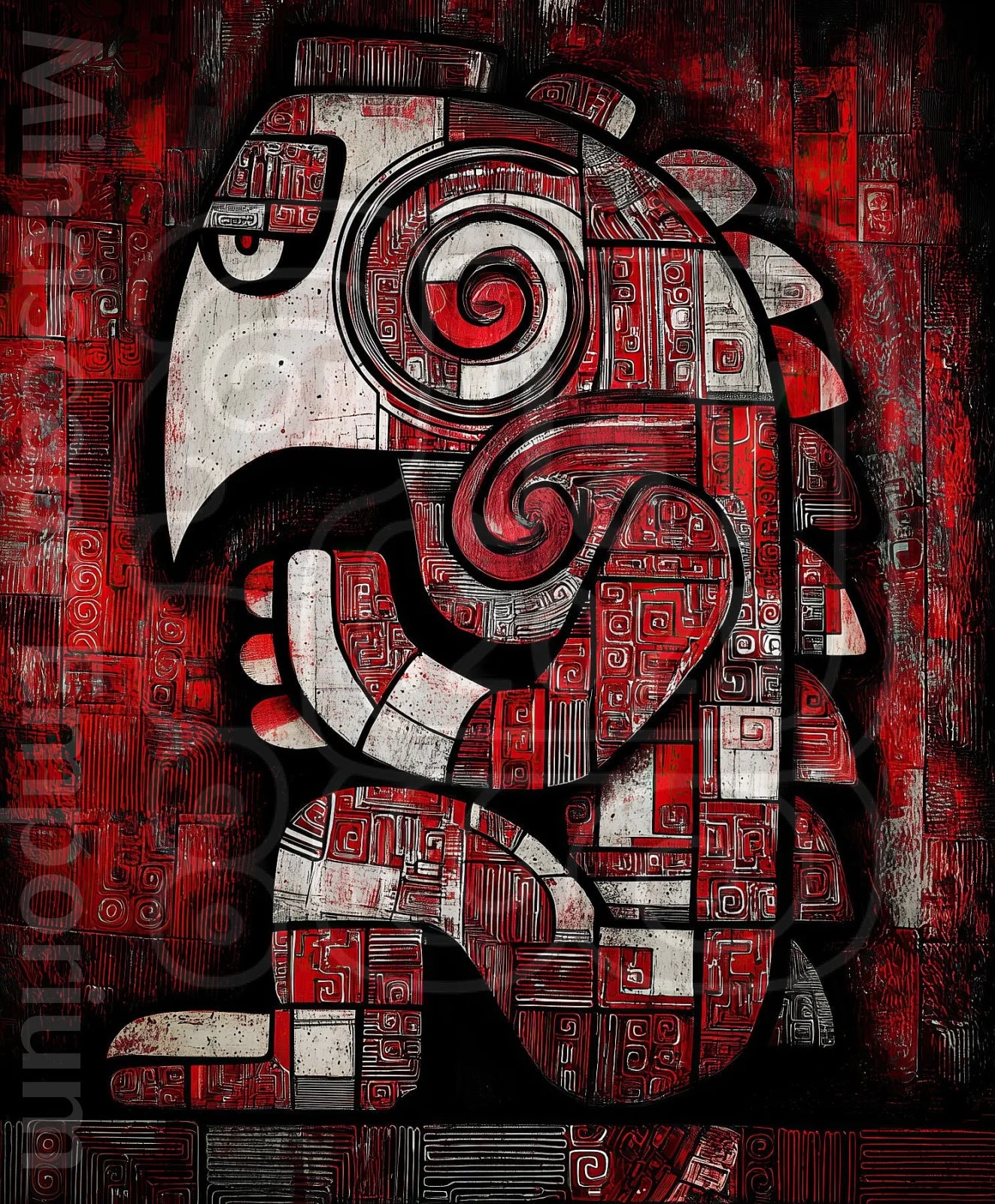 Tribal glyph art print red black totem wall decor abstract geometric artwork