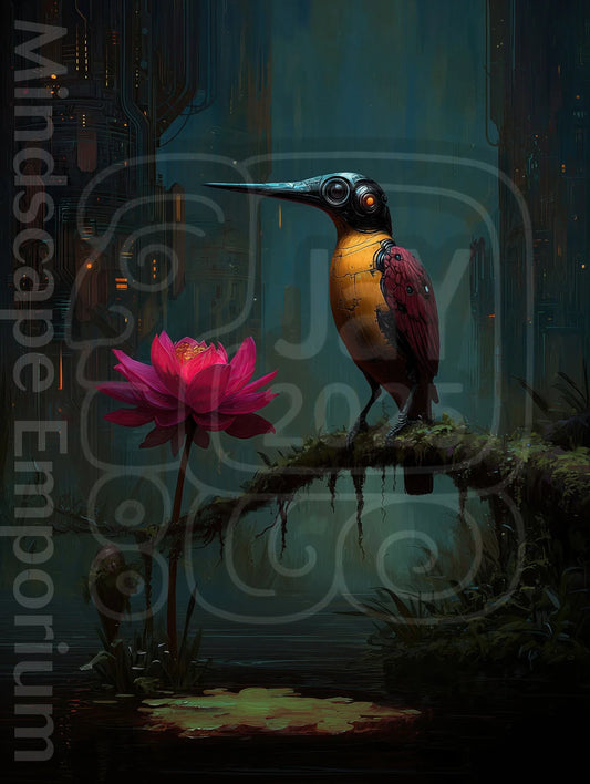 Surreal sci fi bird artwork robotic lotus flower giclee fine art wall print
