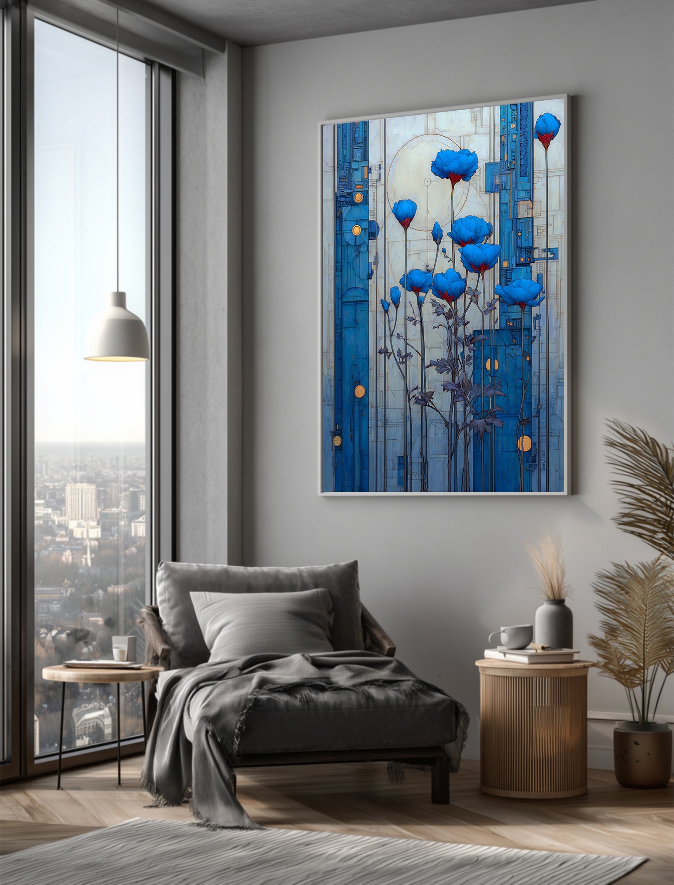 Aegean Bloom Circuit | Blue Floral Wall Art Print