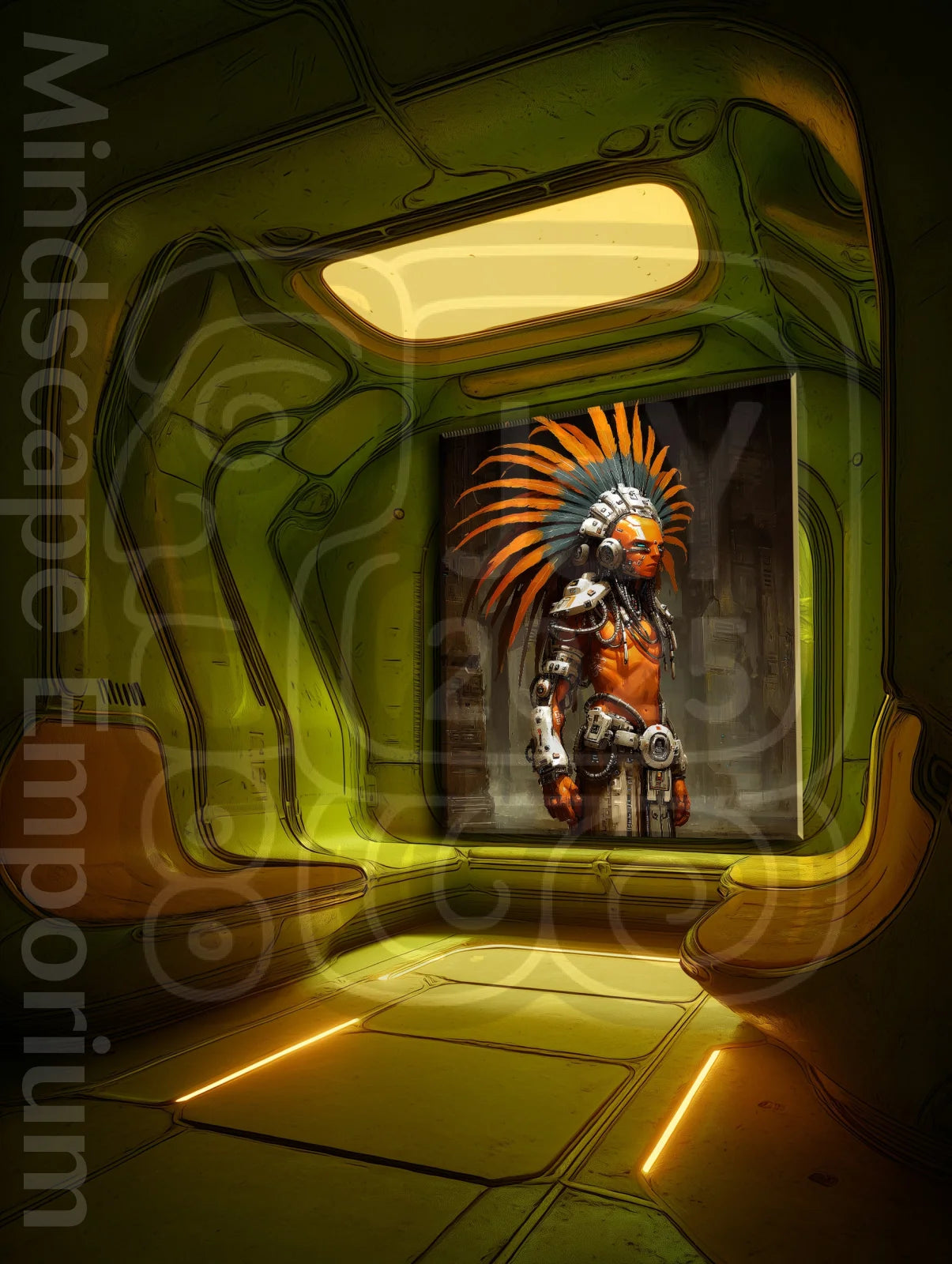 Neo-Sun Warrior 70cm x 100cm, 27.6inches x 39.4inches / Print only Giclée.Futuristic shaman artwork tribal headdress warrior art print