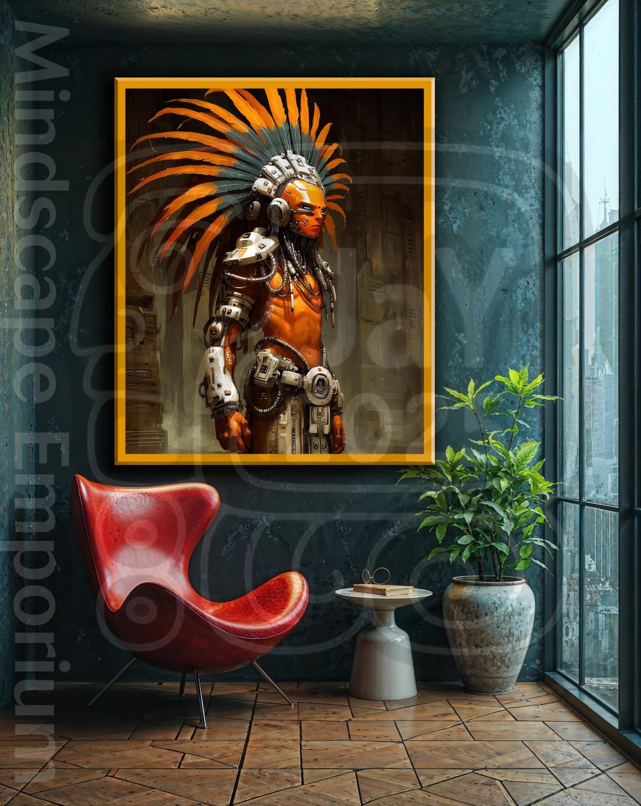 Neo-Sun Warrior 70cm x 100cm, 27.6inches x 39.4inches / Print only Giclée.Futuristic shaman artwork tribal headdress warrior art print