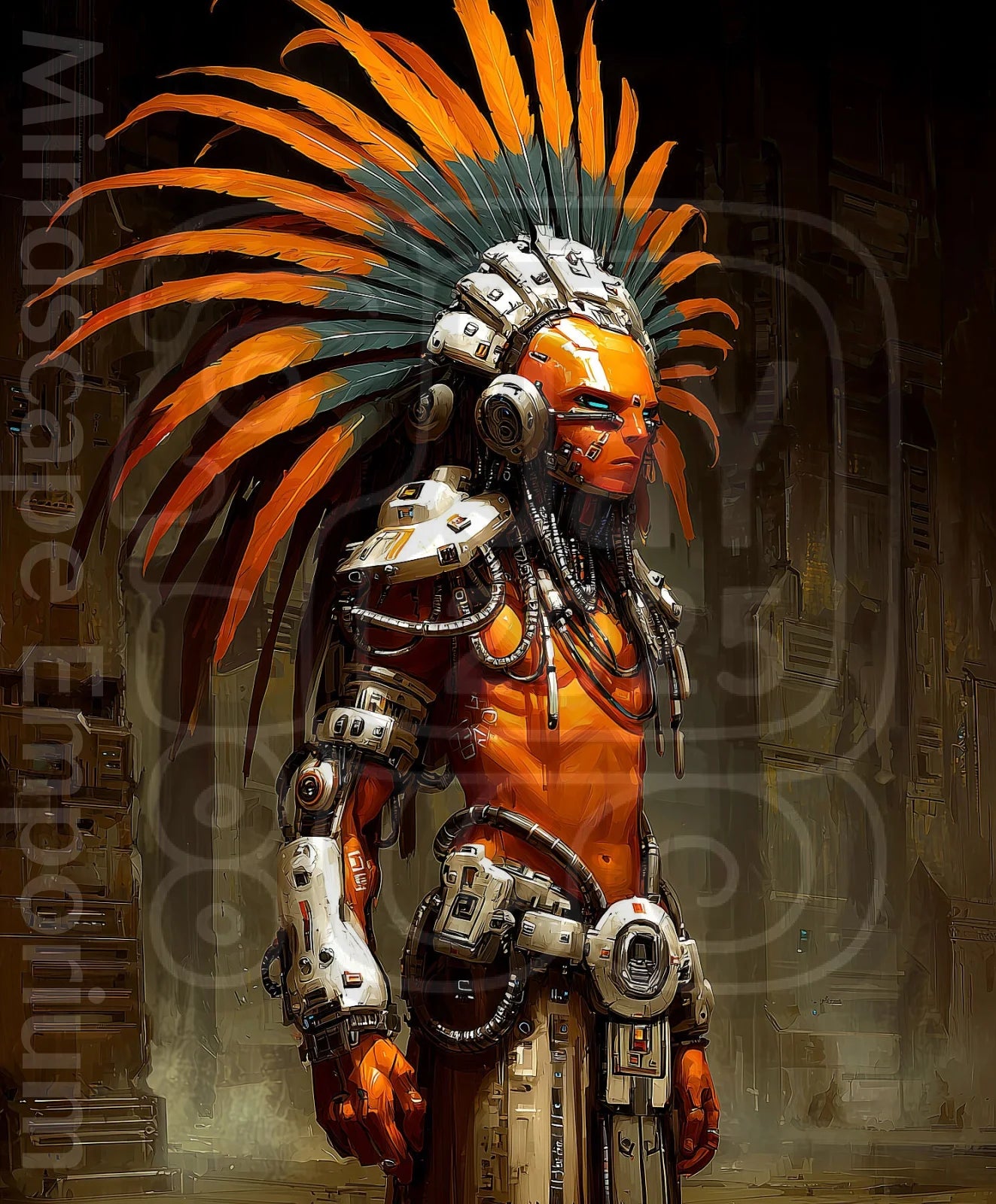 Futuristic tribal warrior art print cyberpunk shaman wall decor sci fi artwork