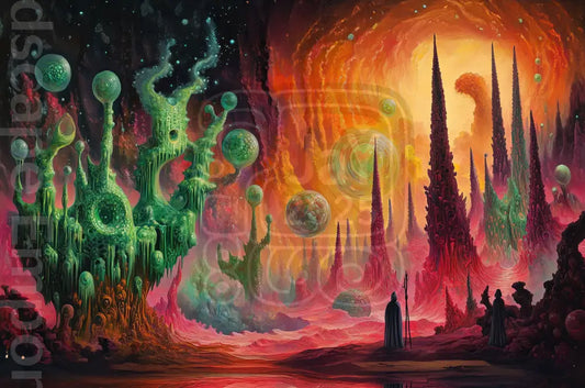 Sci fi fantasy landscape art print cosmic alien world giclee wall decor.Surreal cosmic landscape artwork glowing plants and crystal spires giclee wall art