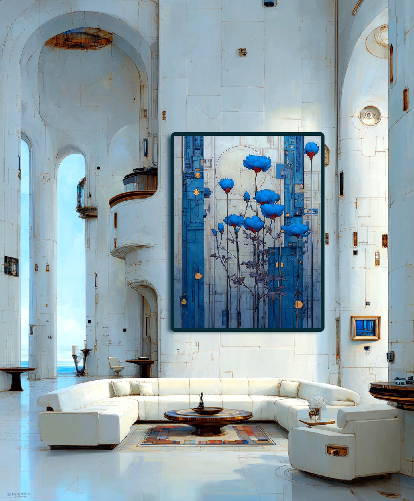 Aegean Bloom Circuit | Blue Floral Wall Art Print