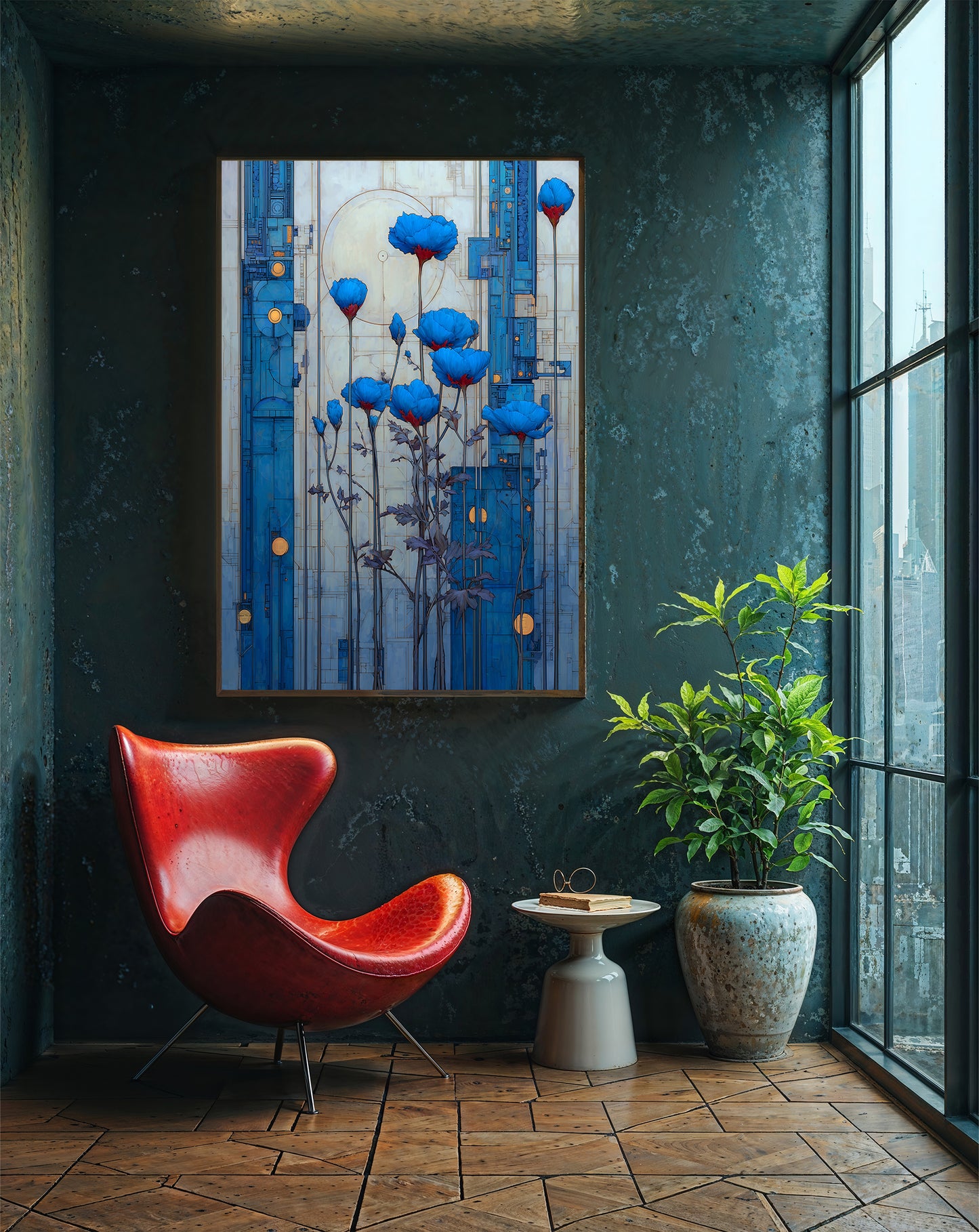 Aegean Bloom Circuit | Blue Floral Wall Art Print