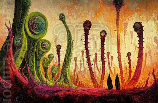 
Surreal cosmic landscape artwork glowing plants and crystal spires giclee wall art